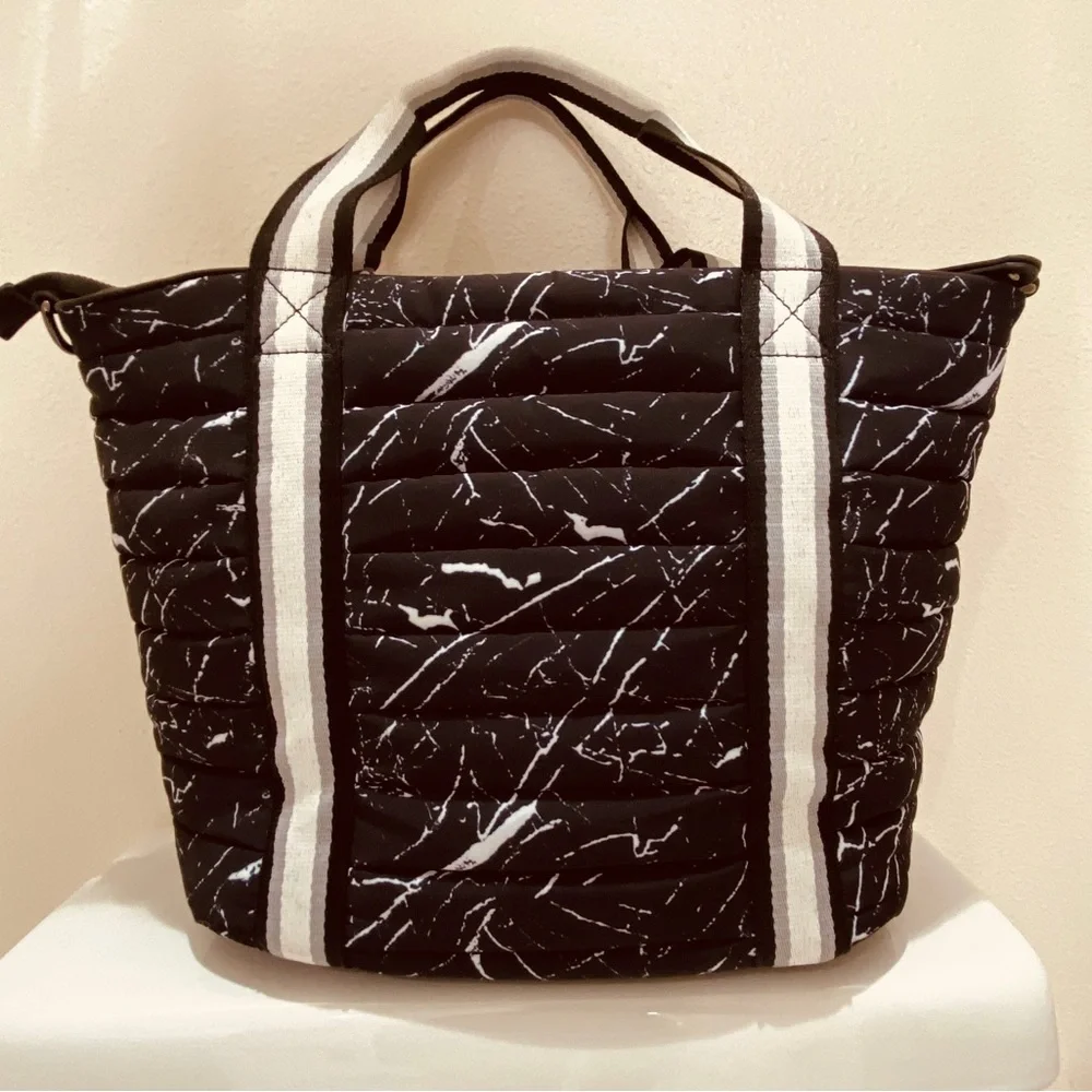 Black Quilted Tote Bag with White Marble Print